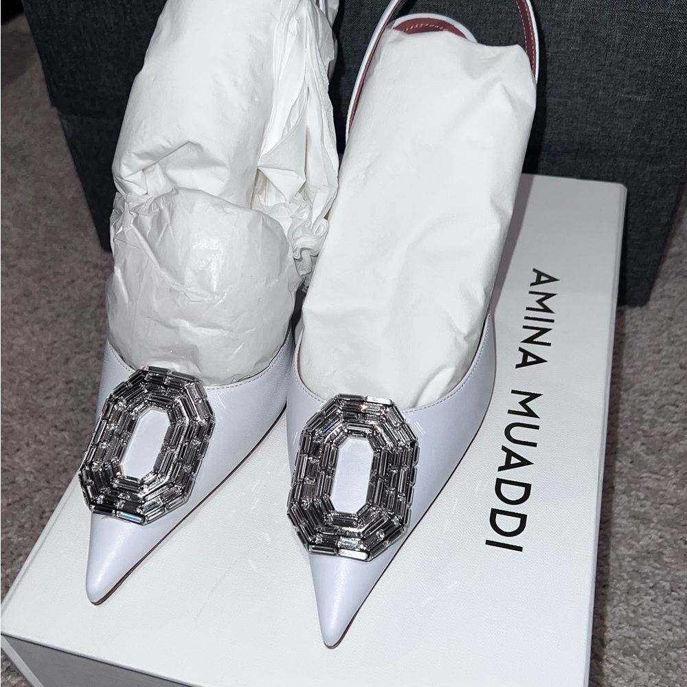 Amina Muaddi Camelia slingback 90mm in white leather - Picture 2 of 8